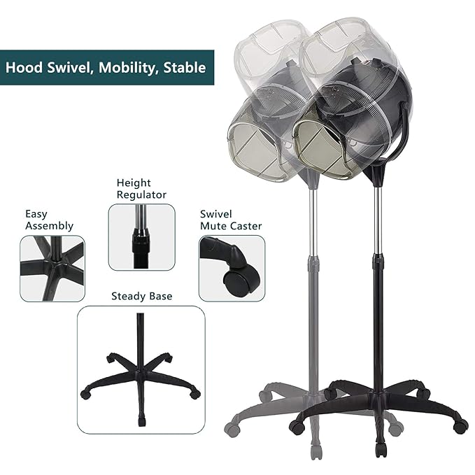 Adjustable Ionic Hooded Hair Dryer Professional Stand up Bonnet Hard Hat Dryer on Wheels Salon Barber Beauty Hair Treatment Styling Equipment