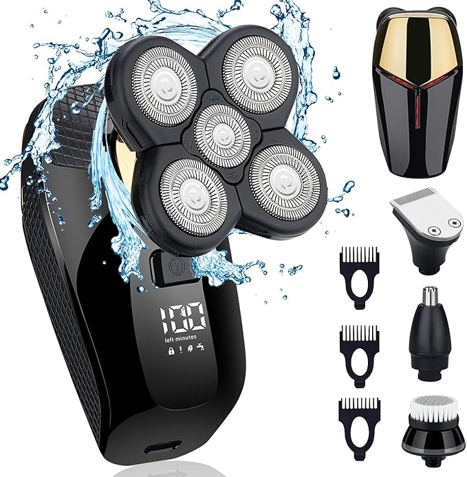 4 in 1 Electric Head Shaver Set - Bald Shaver Wet &amp Dry Cordless with Nose &amp Ear Trimmer Facial Cleansing Rechargeable IPX6 Waterproof