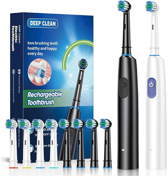 2pcs Rechargeable Rotating Toothbrush - Adult Timer 6 Mode USB Charger with Replacement Heads Set(2002black White)