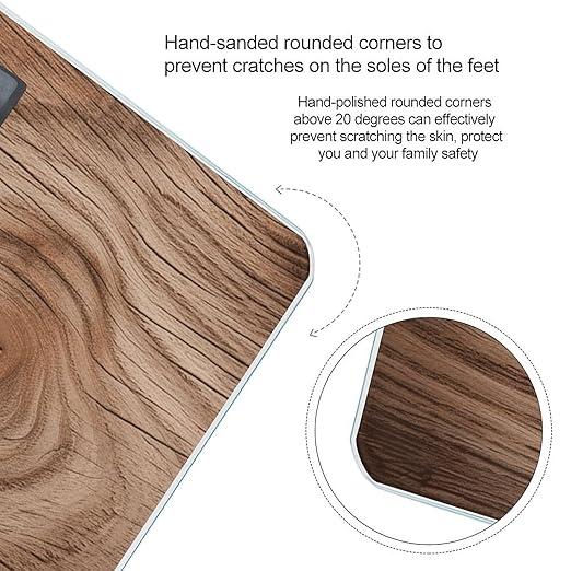 Wood Grain Scale for Body Weight Anti-Slip Tempered Glass Digital Bathroom Scales Clear LCD Display Weighing Scale Safe Rounded Corners Smart Scales