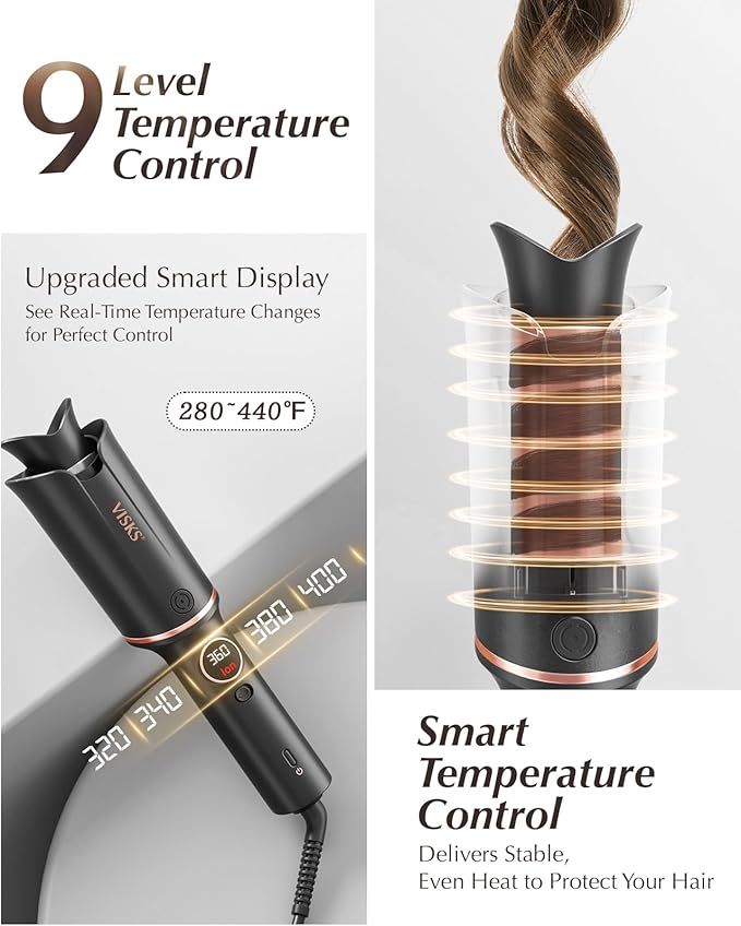 Automatic Rotating Curling Iron – VISKS V668 Pro Ceramic Hair Curler with Keratin-Coated Barrel Digital Temperature Display Anti-Scald 590M Ionic Tangle-Free Dual Voltage 1.5 Inch