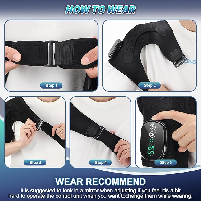Cordless Heated Shoulder Brace with Vibration 3 Heat &amp Massage Settings Shoulder Heating Pad for Pain Relief Adjustable Shoulder Warmer for Men and Women(Black)
