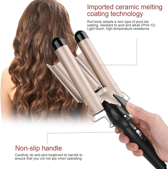 Hair Curling Tongs 3 Hair Curler Tourmaline Hair Curling Iron with 2 Temperature Class Quick Heating Electric Hair Waver Hair Styling Tool Golden Hair Crimpers(28mm)