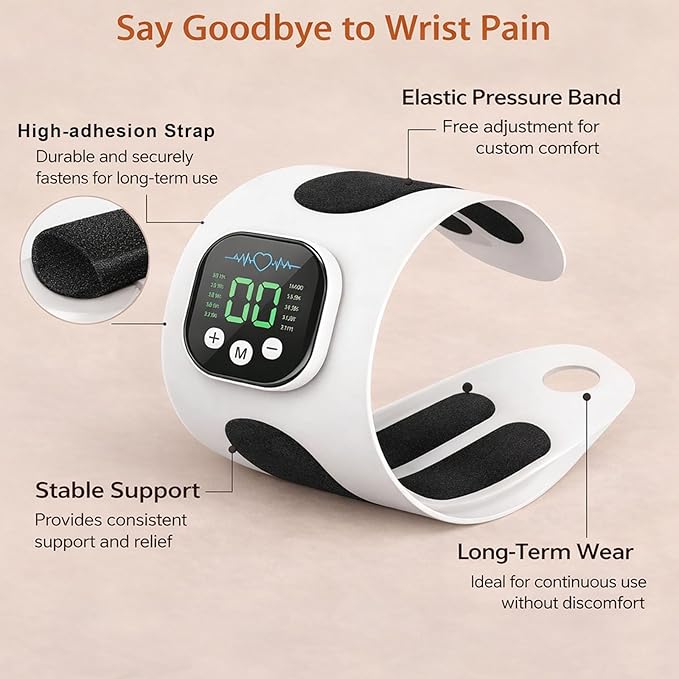 Rechargeable Electric Wrist Massager Rechargeable Heating Pad with 8 Modes &amp 30 Intensity Levels Ergonomic Wearable Design for Sports &amp Daily Use (White)