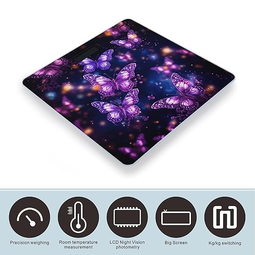 Purple Cute Butterfly Print Scale for Body Weight High Precision Digital Weight Scales with LCD Display Anti-Slip Sturdy Slim Tempered Glass Bathroom Scale for Home Use