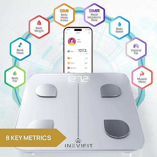 INEVIFIT Smart Body Fat Scale Highly Accurate Bluetooth Digital Bathroom Body Composition Analyzer Measures Weight Body Fat Water Muscle Visceral Fat &amp Bone Mass for Unlimited Users (White)