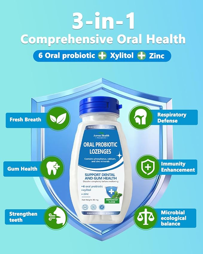 Oral Probiotics Lozenges for Mouth Bad Breath &amp Gum Repair - Mineral Fusion with Zinc + Calcium for Dry Mouth Relief Enamel Shield Mint Flavor with Xylitol - 180 Lozenges Sugar-Free