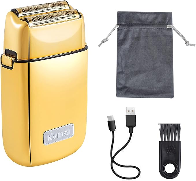 KEMEI Electric Razors for Men Professional Cordless All Metal Electric Razor Lithium Titanium Razors USB Rechargeable Facial Beard TrimmerGolden (TX1 Gold)