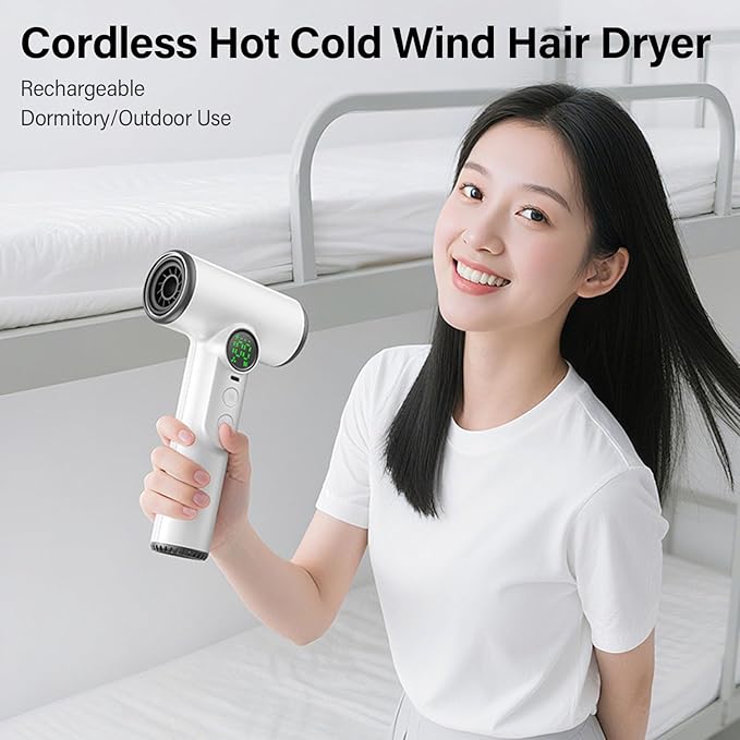 Dpofirs 200W USB Cordless Hair Dryer 15600mAh Battery Gentle Heat Cool Even Drying Quick Dry Fast Drying Ionic Hairdryer with Diffuser for Student Dorm Travel Camping
