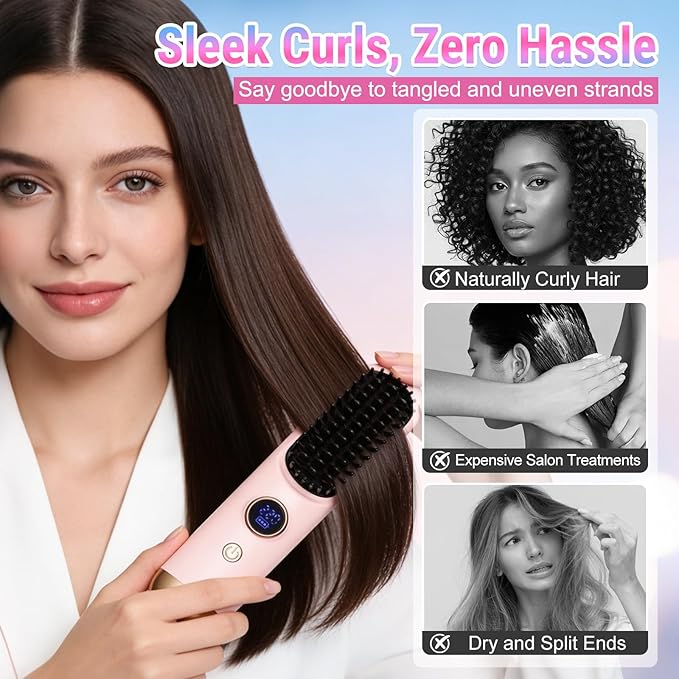 2026 Hair Straightener Brush Cordless Hair Straightener Brush for Short Hair Mini Portable Straightening Hair Comb Brush with 9 Temps Fast Heating for Women Travel Size Hair Styling Tool (Blue)