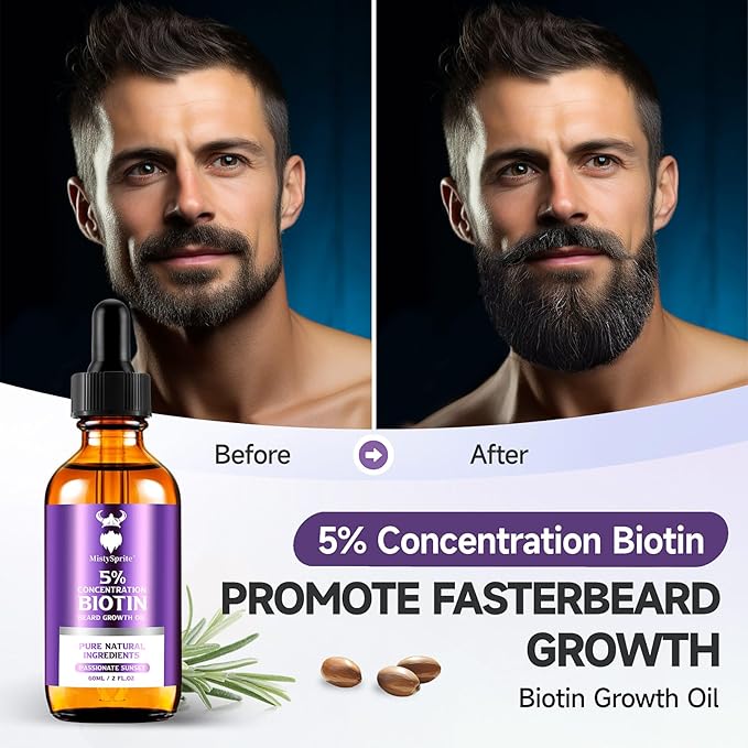 Beard Growth Oil - 5% Concentration Biotin Beard for Men (2 oz) - Natural Mens with Argan Oil Jojoba Oil and Vitamin Growth Softener Moisturizer (Passionate Sunset)