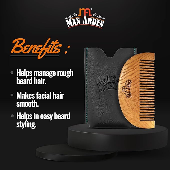 Man.Arden Neem Wooden Pocket Size Beard Comb with Premium Faux Leather Pouch