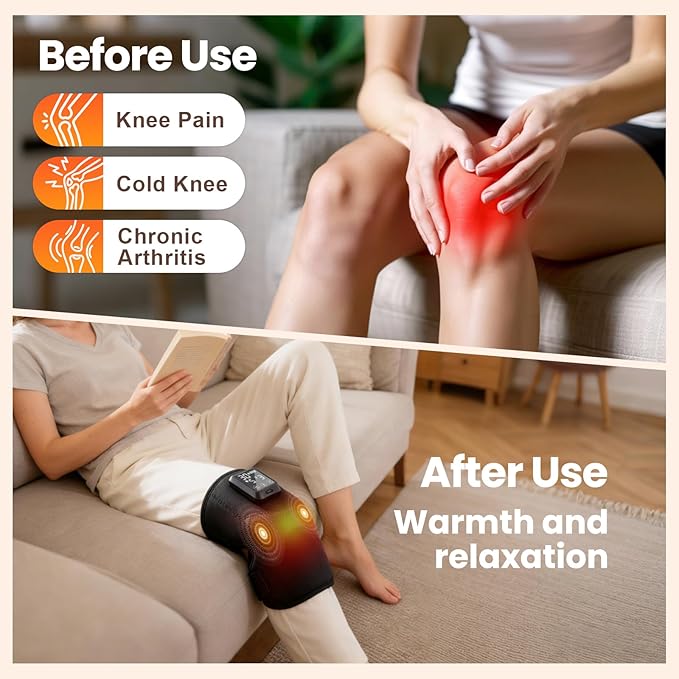Knee Massager 5000mAh Knee Heating Pad with 6 Heat &amp 6 Vibration Massage Heated Knee Brace for Knee Pain Relief Arthritis Gifts for Seniors Women Men(Single)