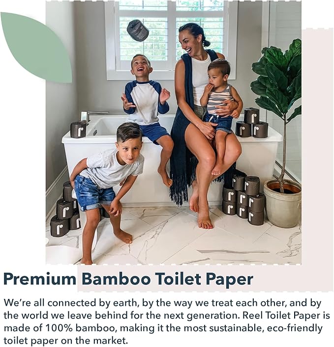 Reel Premium Bamboo Toilet Paper - 24 Rolls of Toilet Paper - 3-Ply Made From Tree-Free - Zero Plastic Packaging Septic Safe