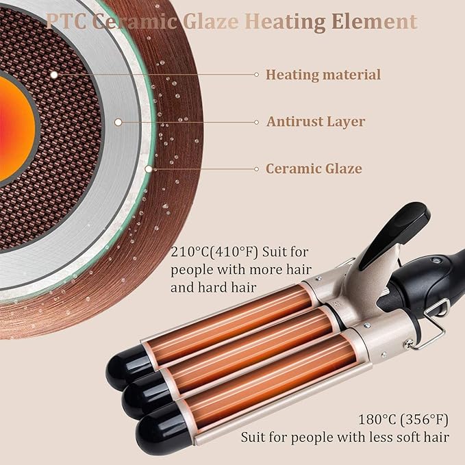 3 Barrel Curling Iron Wand - Dual Voltage Temperature Adjustable 25mm Hair Crimper1 Inch Ceramic Tourmaline Triple BarrelsHair Waving Styling Tools Gold