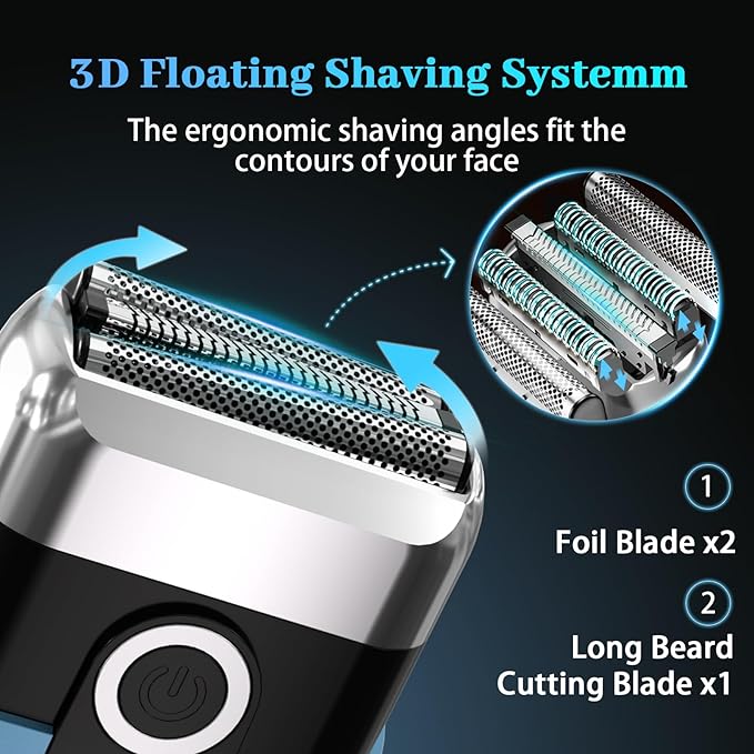 Electric Foil Shaver for Men: Mini Electric Razor for Face/Beard - 3 Floating Blades Cordless Razor with LED Display - IPX7 Waterproof Wet Dry Shaving for Travel &amp Home USB Type C