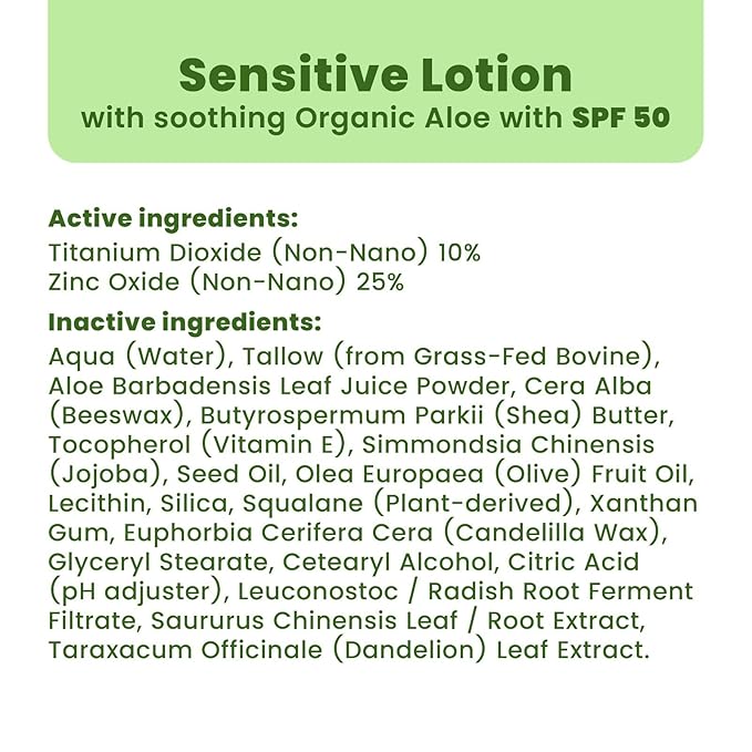 Organic Tallow Mineral Sunscreen SPF 50 with Non-Nano Zinc Oxide — Reef Safe UVA/UVB Broad Spectrum Sunblock Water Resistant 80 Min Moisturizing Lotion for Face &amp Body 3.4 fl oz