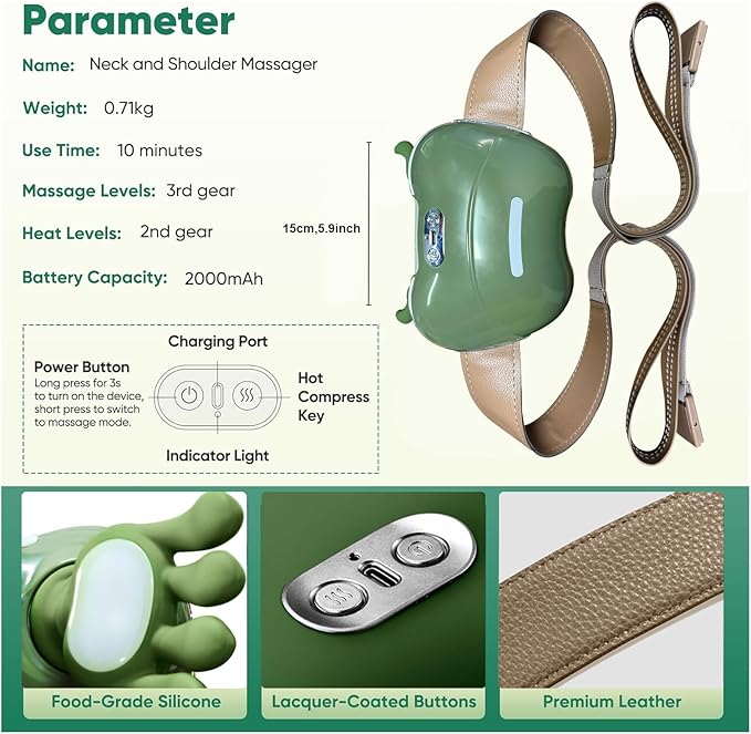 Bionic Heated Massager Wireless Portable Shiatsu Neck and Back Massager Electric Deep Tissue 4D Kneading Massage Simulated Human Hand Design for Pain Relief and Muscle Relax (Green)