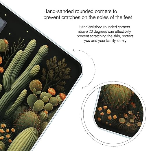 Green Cactus Scale for Body Weight Anti-Slip Tempered Glass Digital Bathroom Scales Clear LCD Display Weighing Scale Safe Rounded Corners Smart Scales