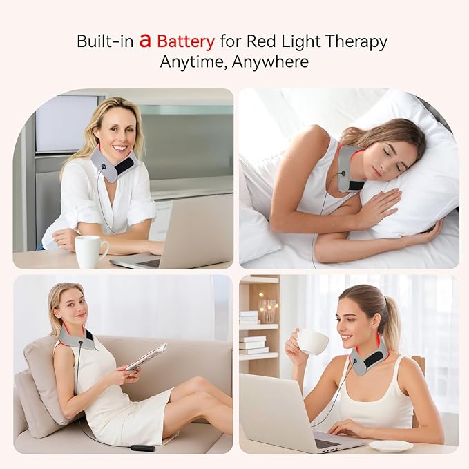 Red Light Therapy Neck and Shoulder Wrap 49 LED Device with 660nm Red + 850nm Near Infrared Portable Pain Relief Belt for Cervical Pain Shoulder Stiffness Muscle Relaxation Rechargeable Gray