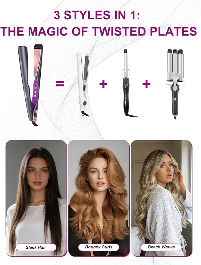 LANDOT 2-in-1 Hair Straightener Curling Iron - Twist Floating Plates for Curl &amp Straight Anti-Frizz &amp Tangle-Free Dual Voltage Adjustable Temp 250-450°F for All Hair Types