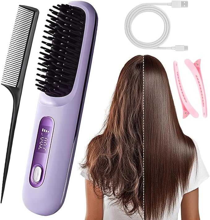 2026 Upgrade Cordless Hair Styling Brush Multi Functional Hair Straightener Brush Max with LED Display Ceramic Hot Comb for Travel Heated Ionic Straightening Combs for Women (White) (Purple)
