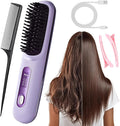 2026 Upgrade Cordless Hair Styling Brush Multi Functional Hair Straightener Brush Max with LED Display Ceramic Hot Comb for Travel Heated Ionic Straightening Combs for Women (White) (Purple)