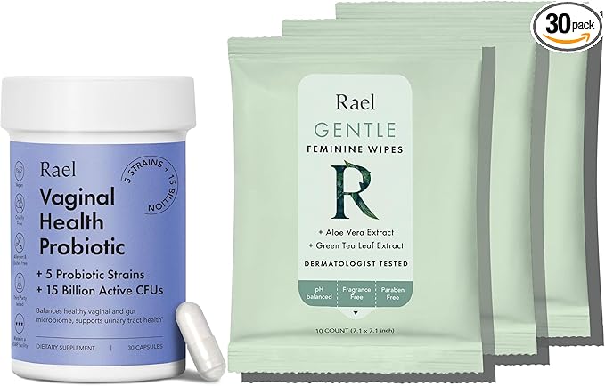 Rael Bundle - Probiotics Supplements for Women Digestive Enzymes Urinary Tract Health (30 Day Supply) &amp Flushable Feminine Wipes pH Balance (10 Count Pack of 3)