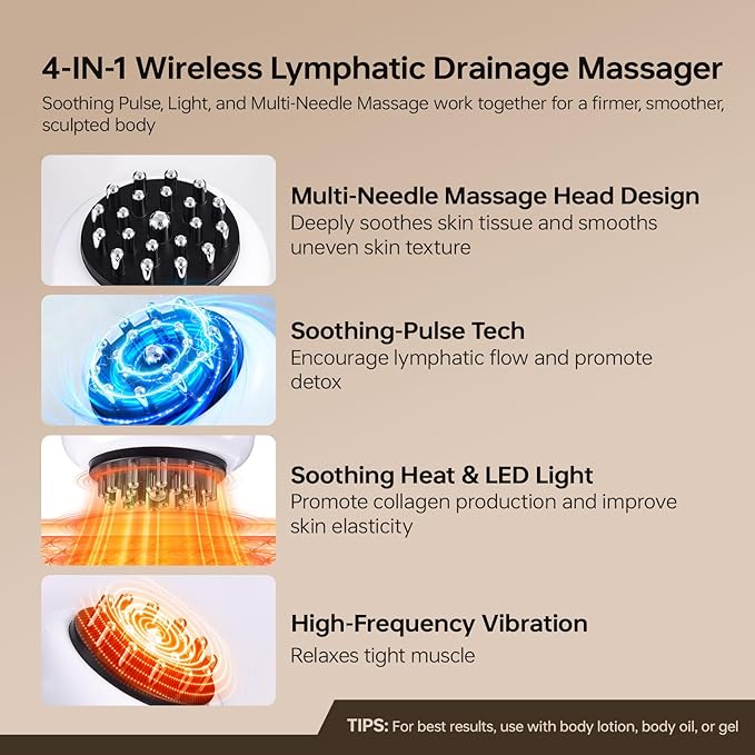 Lymphatic Drainage Massager4-in-1 Electric Body Sculpting BrushHelps Reduce Stretch Marks&ampCellulite for RelaxationMulti-Speed Anti Cellulite Massage Tool for Belly Legs Arms(White)