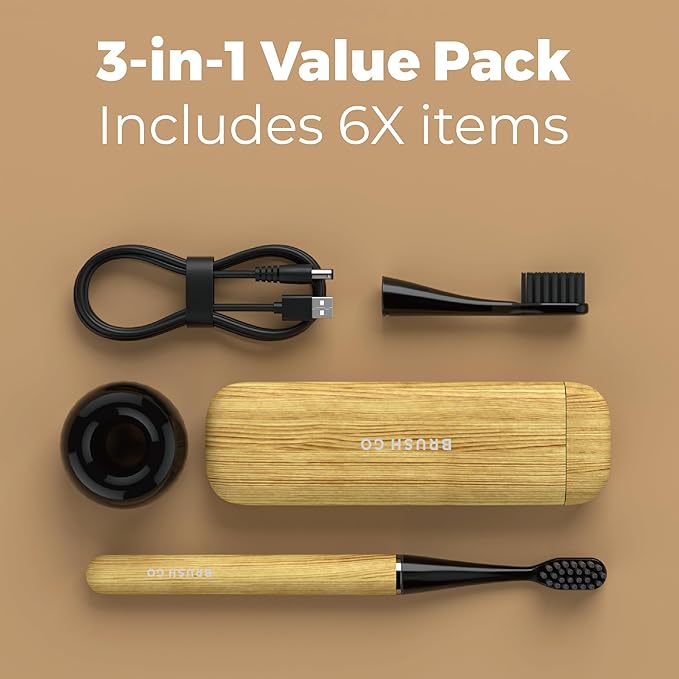MIPOW Brush GO SlimPro i4 Electric Toothbrush Rechargeable Smart Ultra Sonic 3 Modes Travel Case &amp Ceramic Dock 60Day Battery Soft Bristles 2 Heads IPX7 Waterproof Color-Woodgrain Edition
