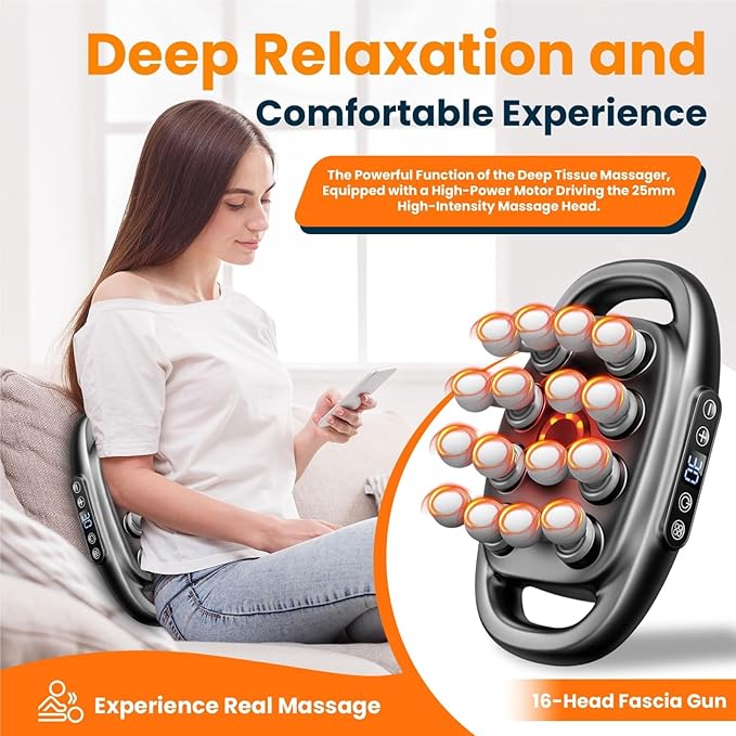 Relief Wave Pro 3 Deep Tissue Massage Gun with 16 Heads 30 Speed Levels Quiet Percussion Massager for Back Legs Waist Buttocks and Muscle Relief (Grey)