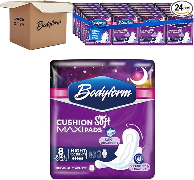 Bodyform Maxi - Value Sanitary Napkins Cushion Soft Always Comfortable and Ultra-Absorbent (Night 192 Count (24 Packs of 8 Counts))