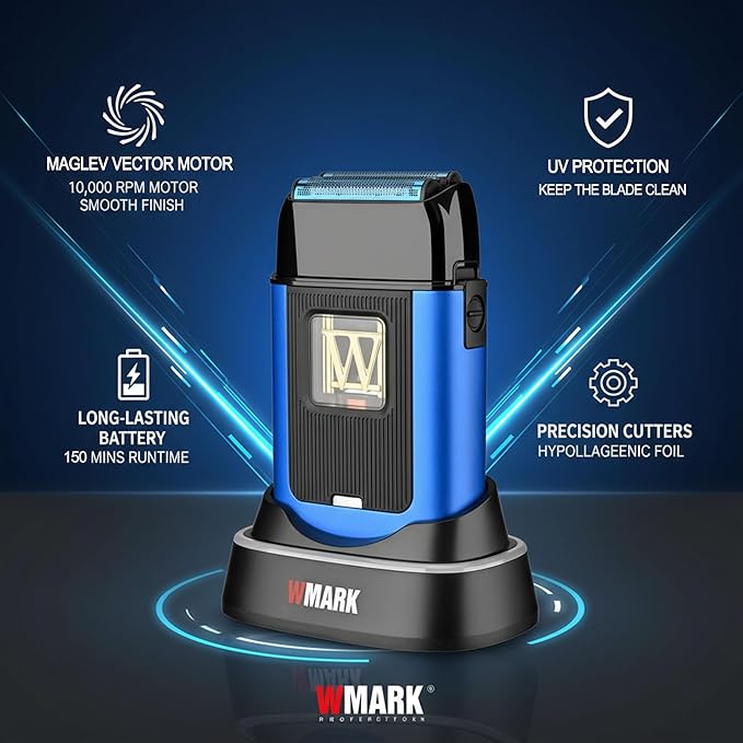 WMARK Electric Foil Shavers for Men Electric Razor for Men Cordless Beard Shaver with UV Protection Maglev Vector Motor 10000RPM Blue-Titanium 3-Blade Floating USB-C Rechargeable NG-XS1 UV