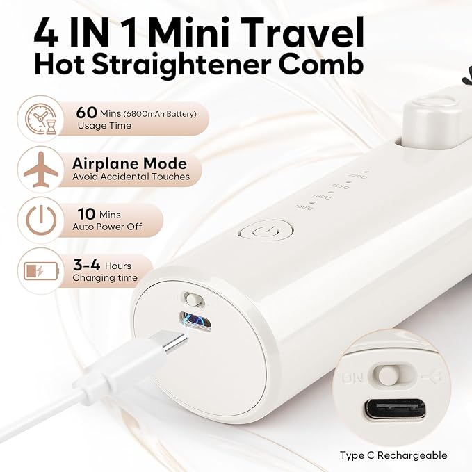 Cordless Curling Iron Brush Mini Travel Hot Straightener Comb Curl Brush Rechargeable 4 Temps Cordless Wand Blush with 200 Million Negative Ions for Curls Straightening Styling (White)