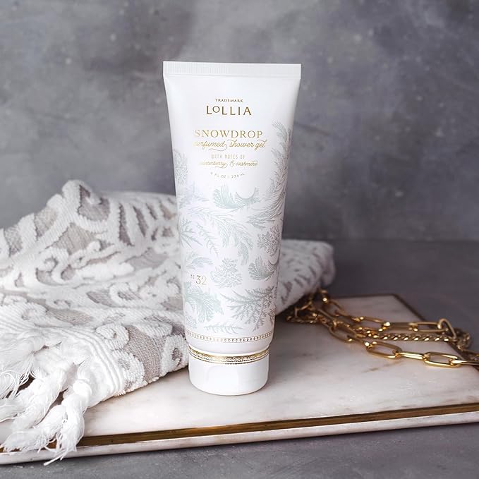LOLLIA Snowdrop Shower Gel 8 fl oz 236 ml Winterberry &amp Cashmere Fragrance Luxury Shea Hydrating Women's Body Wash Delicate &amp Relaxing Scented Bath Soap