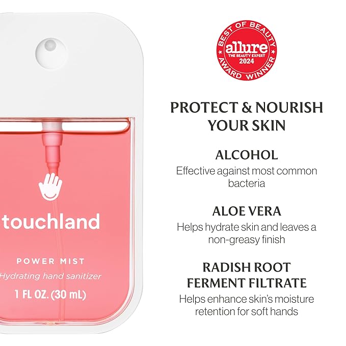 Touchland JUICY BLISS SET Power Mist Hydrating Hand Sanitizer Spray (Watermelon Berry Peach) 1 FL. OZ. + Lush Tropicale Body &amp Hair Fragrance Mist 2 FL. OZ. + Travel Size Set
