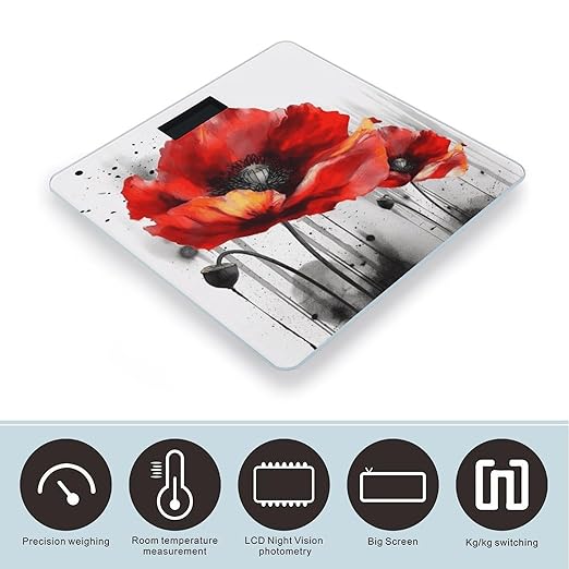 Beautiful Poppy Flower Ink Weight Scale Large Bathroom Scales Digital Weight with Bright LED Display Non Slip Automatic Weighing Scale Fashion Weighing Machine for Body