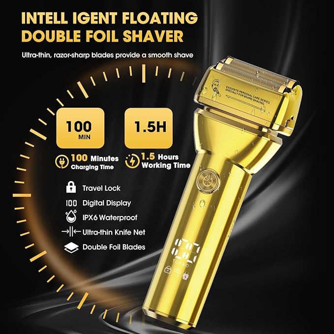 Dumite 4-in-1 Hair Clippers for Men Professional Cordless Barber Hair Cutting Kit T-Blade Trimmer Electric Foil Shaver Nose Hair Trimmer LCD Display Grooming Gift Set (Gold)