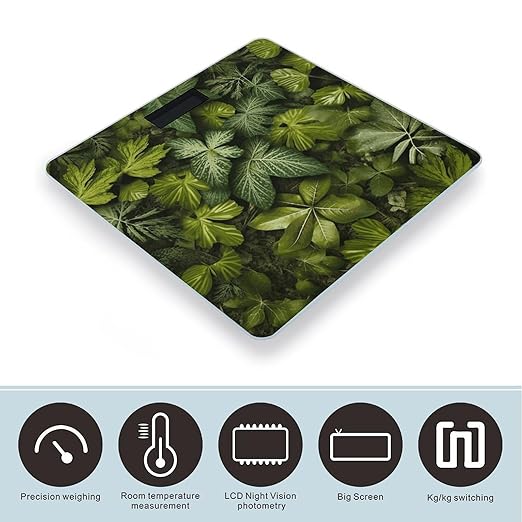 Green Leaves and Plants Scale for Body Weight Anti-Slip Tempered Glass Digital Bathroom Scales Clear LCD Display Weighing Scale Safe Rounded Corners Smart Scales