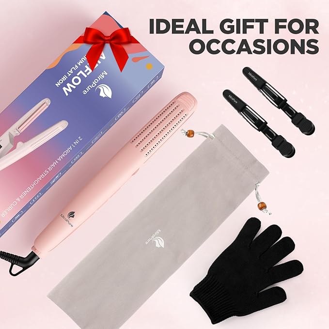 MiroPure 360° Airflow Styler Curling Iron Titanium Flat Iron Hair Straightener and Curler 2 in 1 Professional Curing Wand with Ionic Aroma Cool Air 13 Adjustable Temps Dual Voltage for Long Hair