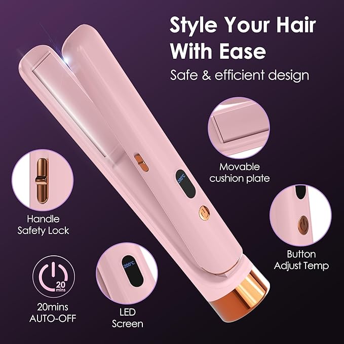 Cordless Hair Straightener Portable Travel Rechargeable Flat Iron Fast Heating Adjustable Temperature for Professional Straightening &amp Curling – Portable and Travel-Friendly (Light Pink)