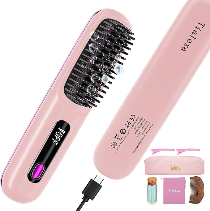 Cordless Hair Straightener Brush for Travel 200 Million Negative Ionic Portable Hair Straightener Comb for Women with LED Display &amp 3 Temps 30s Fast Heating USB Charging Smooth Frizz(Pink