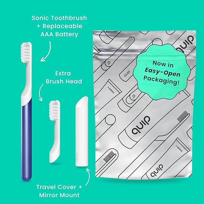 Quip Metal Sonic Electric Toothbrush for Adults - Time Travel &amp Soft Bristles with Travel Case &amp Replacement Brush Head - 3 Month Battery Life Indigo