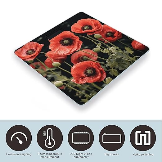 Red Poppy Flowers Leaves Bathroom Scale Rounded Smart Scale for Body Weight Automatic Power On/Off Weight Scales Accurate Bathroom Digital Scales for Pet Home Bedroom Kitchen