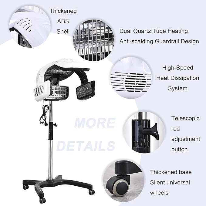 Standing Salon Hair Dryers with Wheels for Salon and Hair Color Processor with Adjustable Height 51-61in Professional Equipment for Beauty Barber Shop Perm Color Heater Hair Care