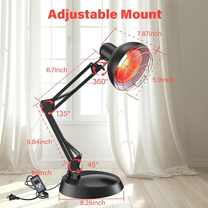 Infrared Light Heat Lamp Near Red Light Therapy for Body Muscle Joint Pain Relieve 150W Bulb with Adjustable Stand Timer