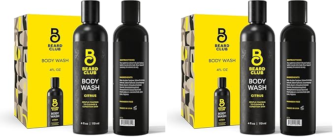 The Beard Club Fresh Water Body Wash: Invigorating All-in-One Shower Gel for Men Deep Cleansing &amp Moisturizing Formula Sulfate-Free with Natural Essential Oils 4 fl oz (Pack of 2)