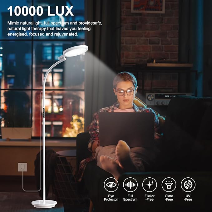 Light Therapy Lamp LED Sunlight Lamp 10000 Lux Full Spectrum Happy Therapy Lamp Floor andDesklamp with 5 Brightness &amp 5 Color Temperatures 3 Heights for Apartment/Office/Home
