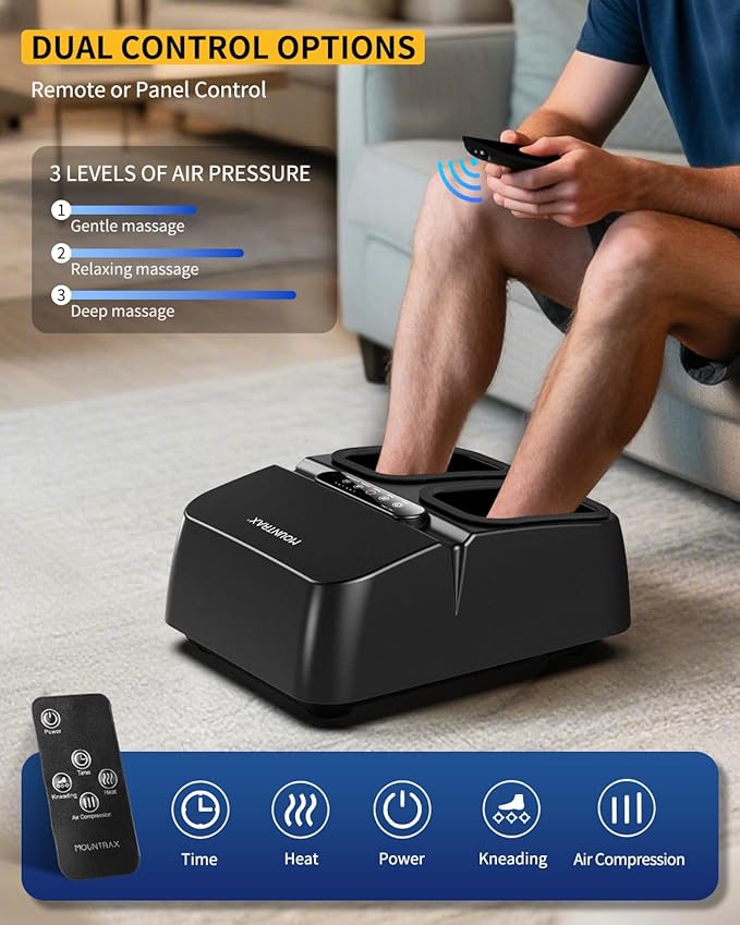 MOUNTRAX Foot Massager Machine with Heat Foot Massager for Plantar Fasciitis Neuropathy Pain Shiatsu Foot Massager with Remote Fits Feet Up to Men Size 12 (Black)