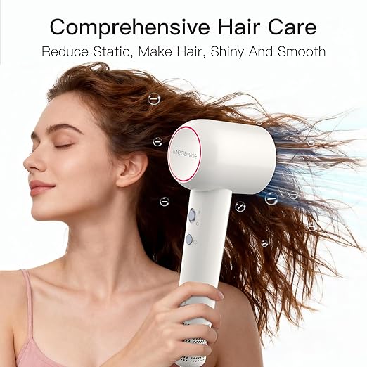 MEGAWISE Professional Ionic Hair Dryer with Diffuser High-Speed Ionic Low Noise Blow Dryer for Fast Drying 4 Temps/2 Speeds Lightweight Hairdryer with Concentrator Nozzle for Home Travel